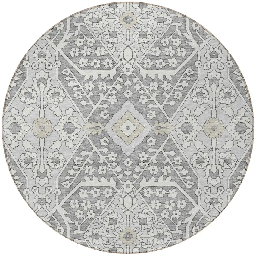 8' Gray Ivory And Silver Round Floral Washable Indoor Outdoor Area Rug Photo 6