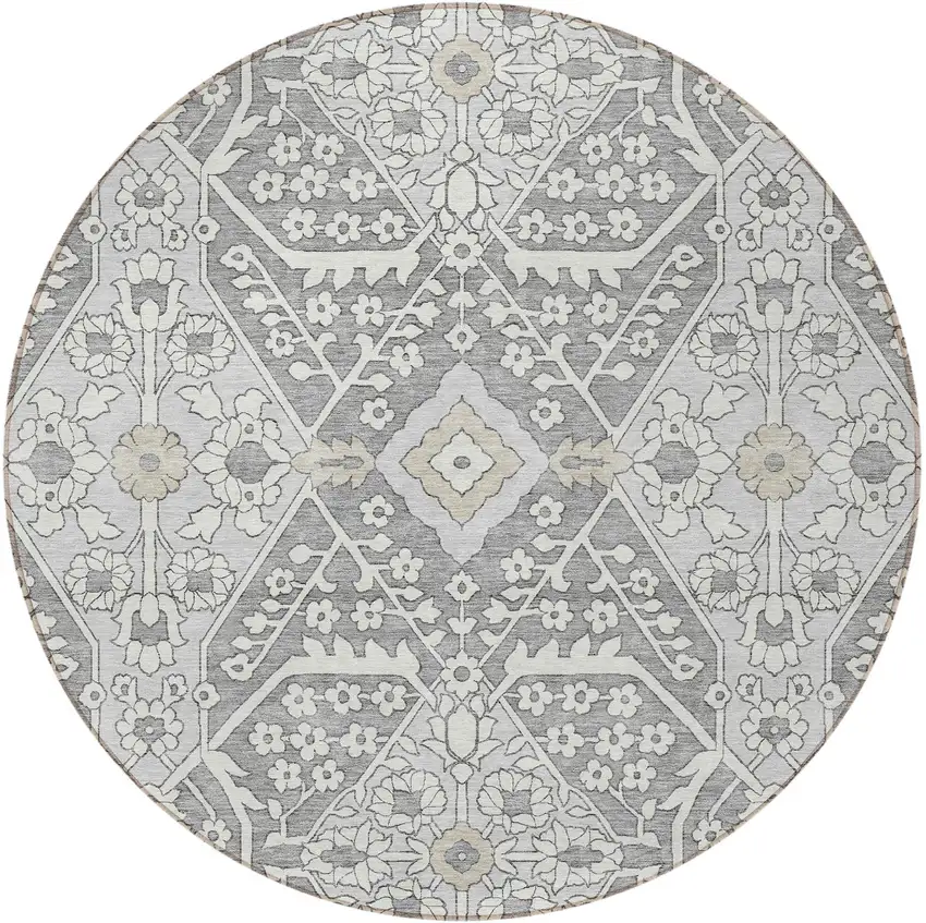8' Gray Ivory And Silver Round Floral Washable Indoor Outdoor Area Rug Photo 6