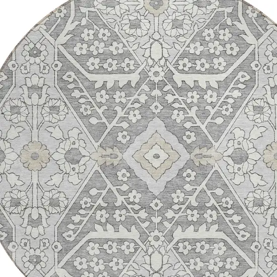 8' Gray Ivory And Silver Round Floral Washable Indoor Outdoor Area Rug Photo 5