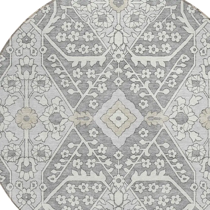 8' Gray Ivory And Silver Round Floral Washable Indoor Outdoor Area Rug Photo 5