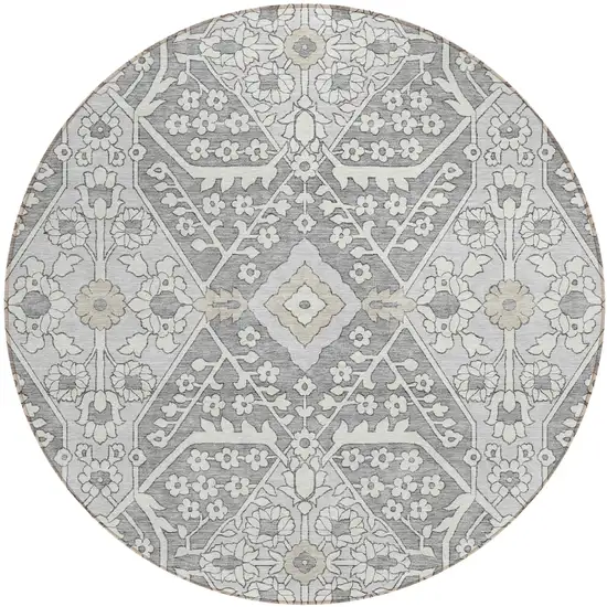 8' Gray Ivory And Silver Round Floral Washable Indoor Outdoor Area Rug Photo 2