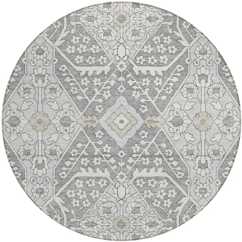 8' Gray Ivory And Silver Round Floral Washable Indoor Outdoor Area Rug Photo 2