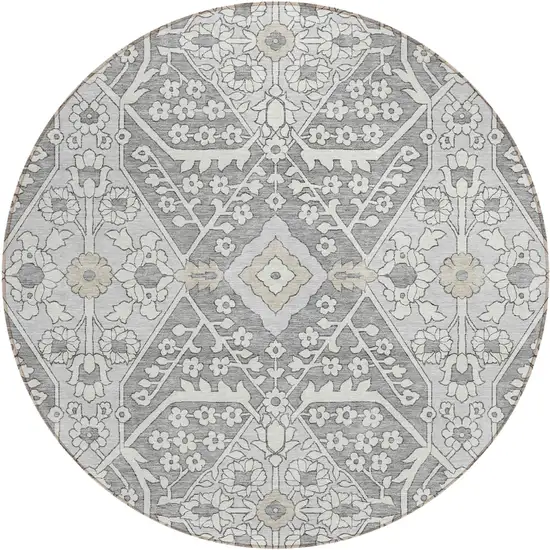 8' Gray Ivory And Silver Round Floral Washable Indoor Outdoor Area Rug Photo 2