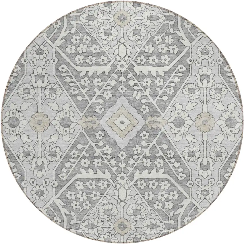 8' Gray Ivory And Silver Round Floral Washable Indoor Outdoor Area Rug Photo 2