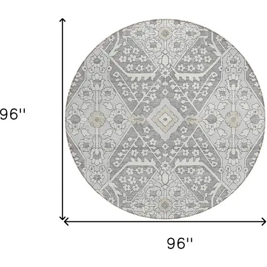 8' Gray Ivory And Silver Round Floral Washable Indoor Outdoor Area Rug Photo 3