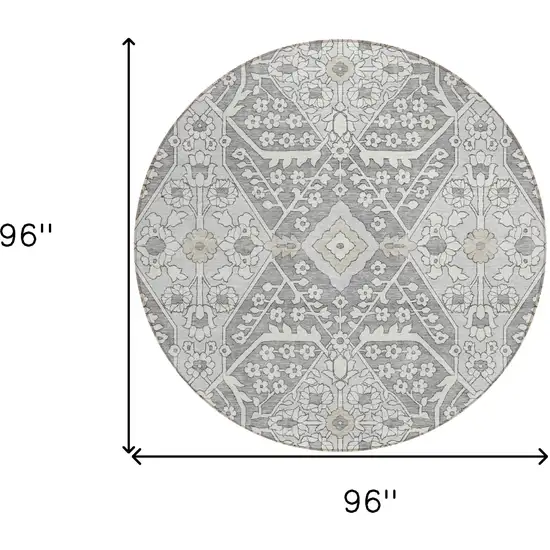 8' Gray Ivory And Silver Round Floral Washable Indoor Outdoor Area Rug Photo 3