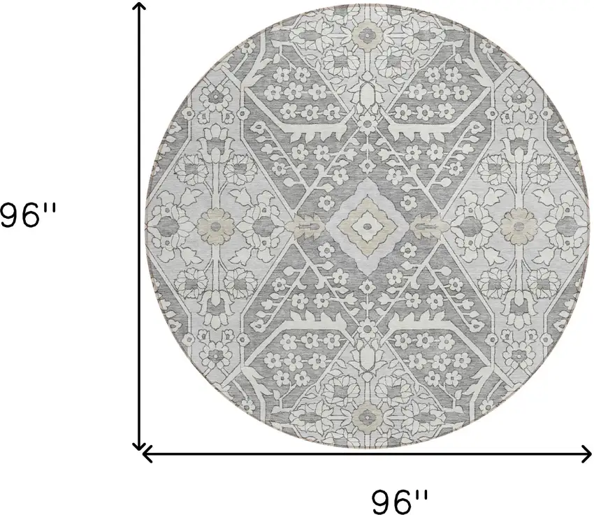 8' Gray Ivory And Silver Round Floral Washable Indoor Outdoor Area Rug Photo 3