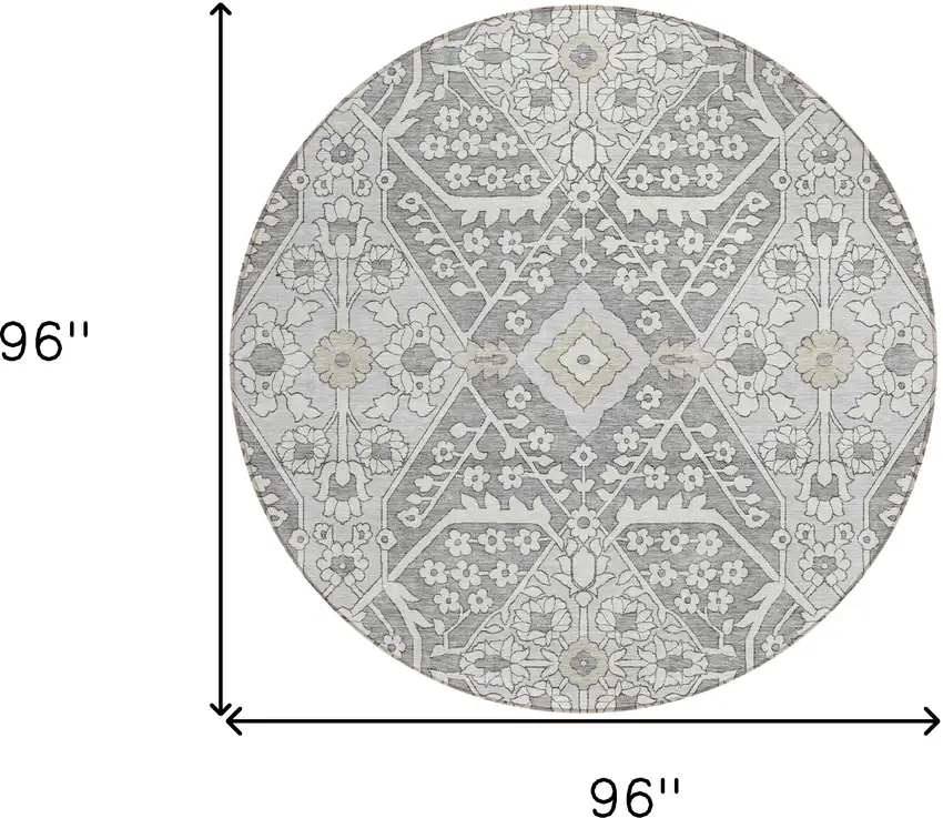 8' Gray Ivory And Silver Round Floral Washable Indoor Outdoor Area Rug Photo 3