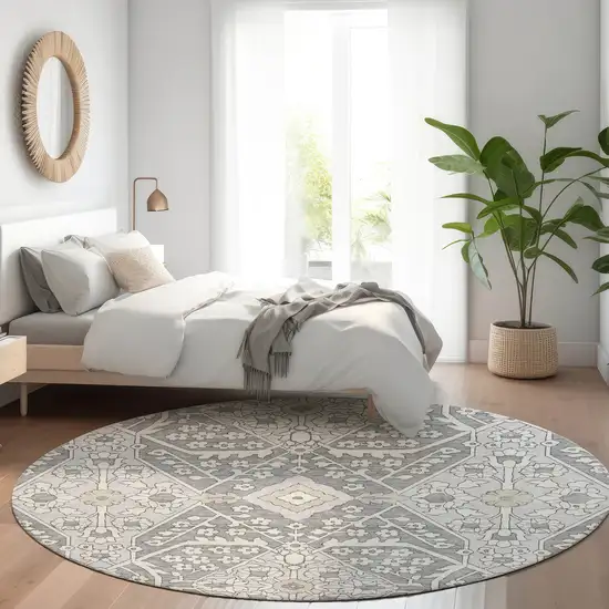 8' Gray Ivory And Silver Round Floral Washable Indoor Outdoor Area Rug Photo 8