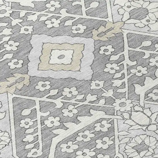 8' Gray Ivory And Silver Round Floral Washable Indoor Outdoor Area Rug Photo 4