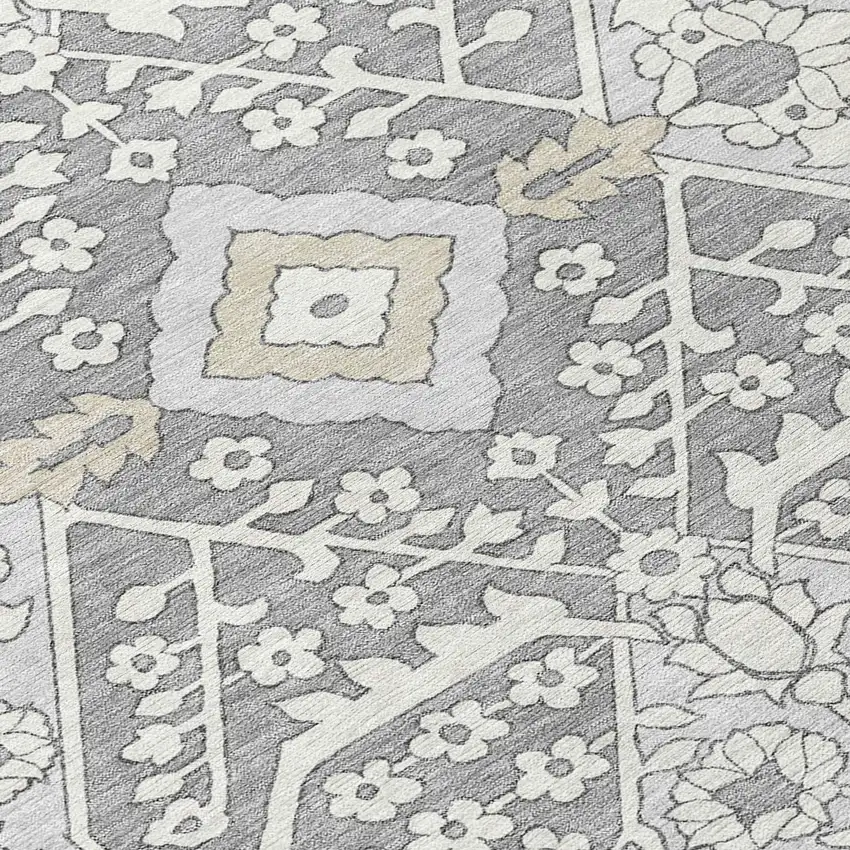 8' Gray Ivory And Silver Round Floral Washable Indoor Outdoor Area Rug Photo 4