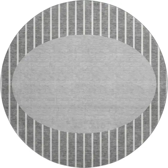 8' Gray Ivory And Silver Striped Washable Round Rug With UV Protection Photo 1