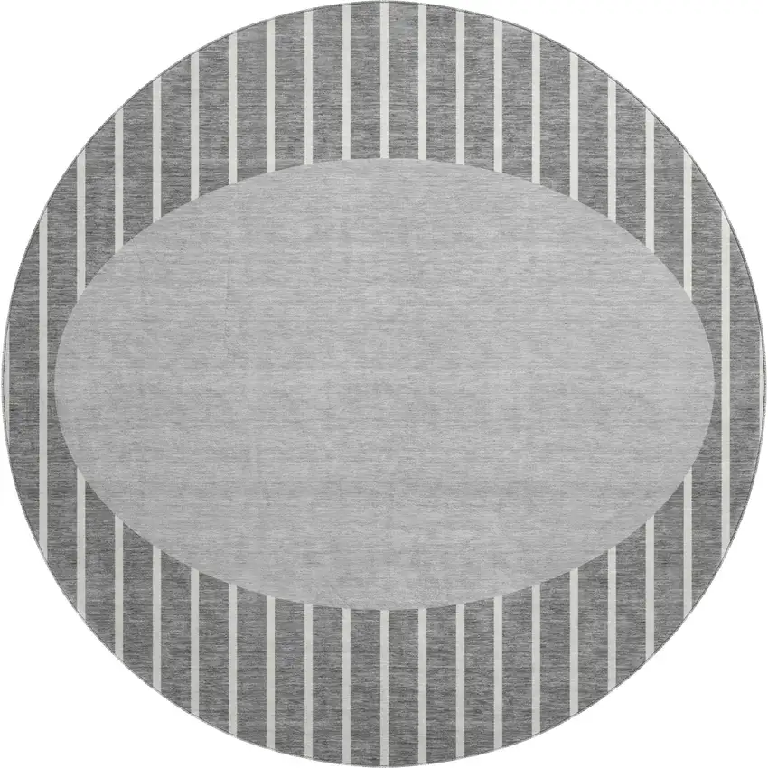 8' Gray Ivory And Silver Striped Washable Round Rug With UV Protection Photo 1