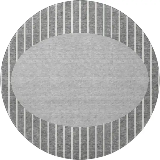 8' Gray Ivory And Silver Striped Washable Round Rug With UV Protection Photo 3