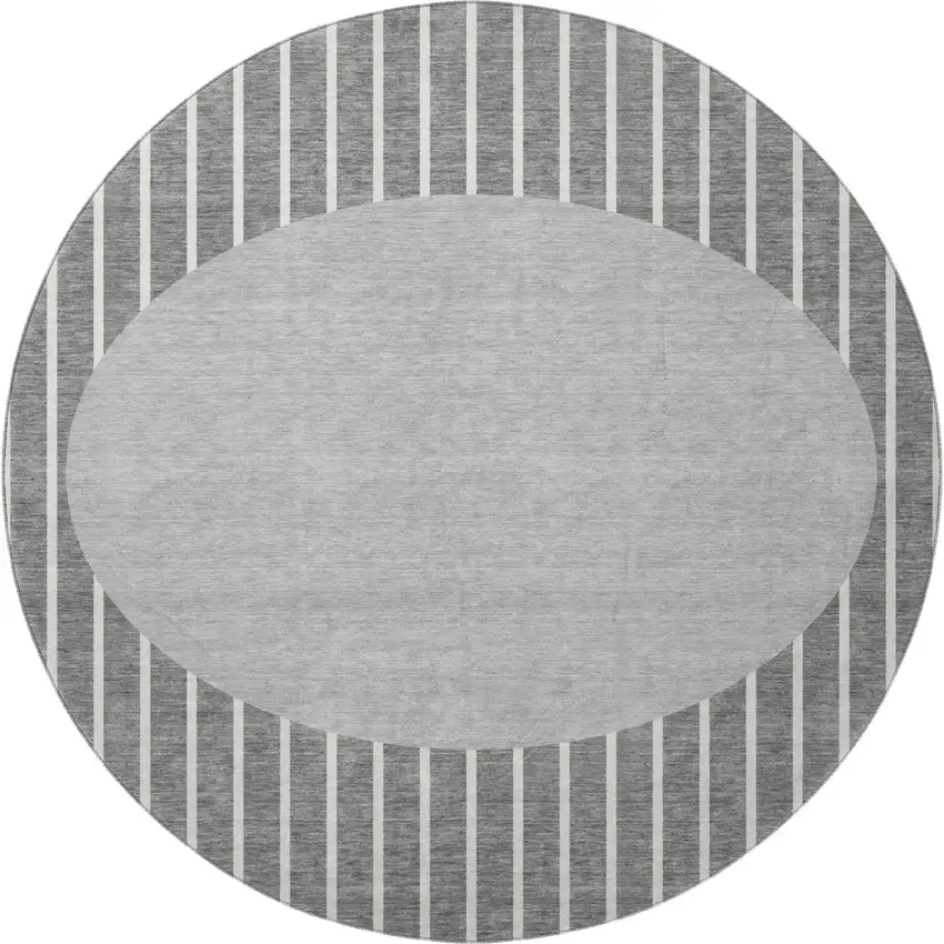 8' Gray Ivory And Silver Striped Washable Round Rug With UV Protection Photo 3