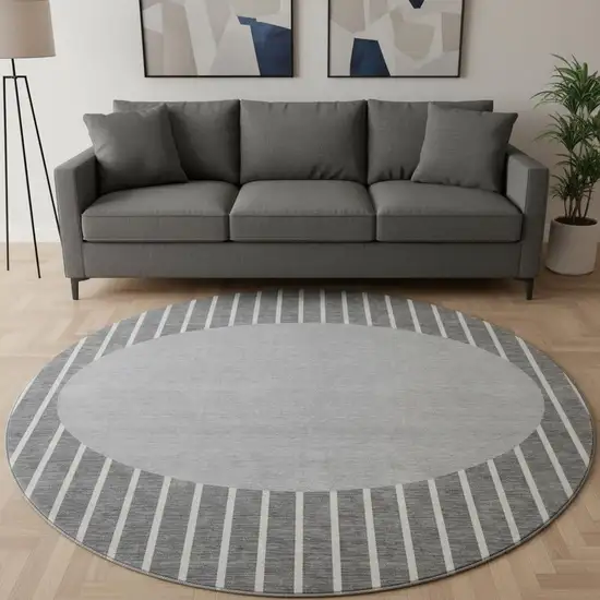 8' Gray Ivory And Silver Striped Washable Round Rug With UV Protection Photo 2