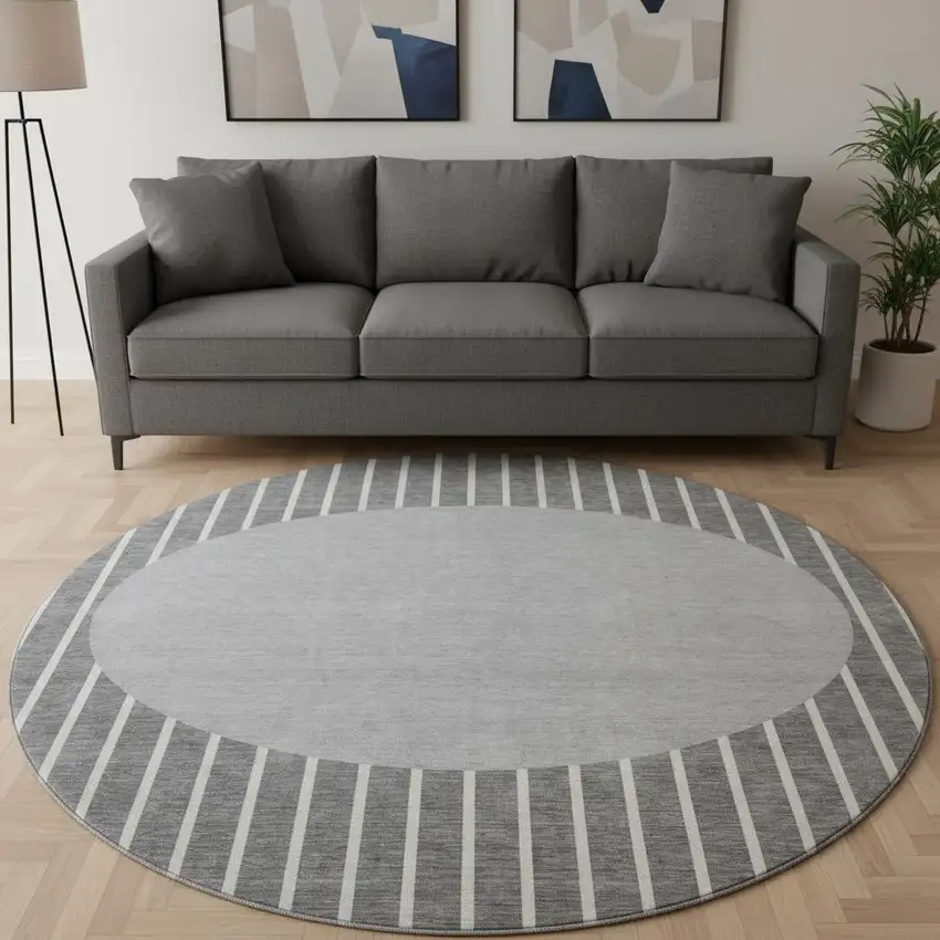 8' Gray Ivory And Silver Striped Washable Round Rug With UV Protection Photo 2