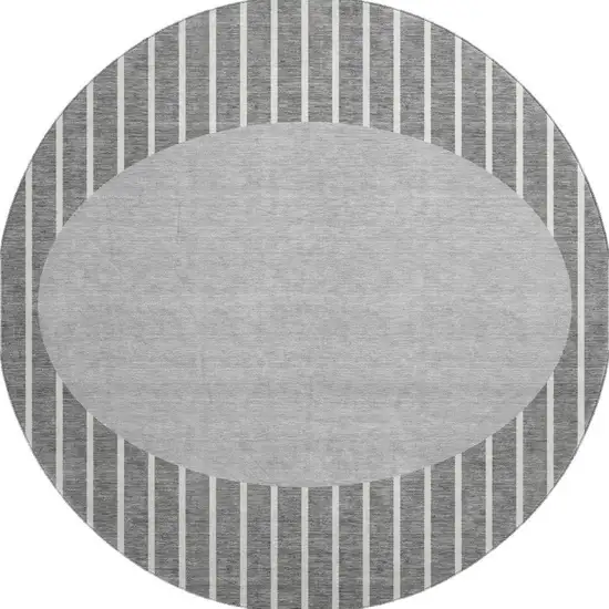 8' Gray Ivory And Silver Striped Washable Round Rug With UV Protection Photo 2