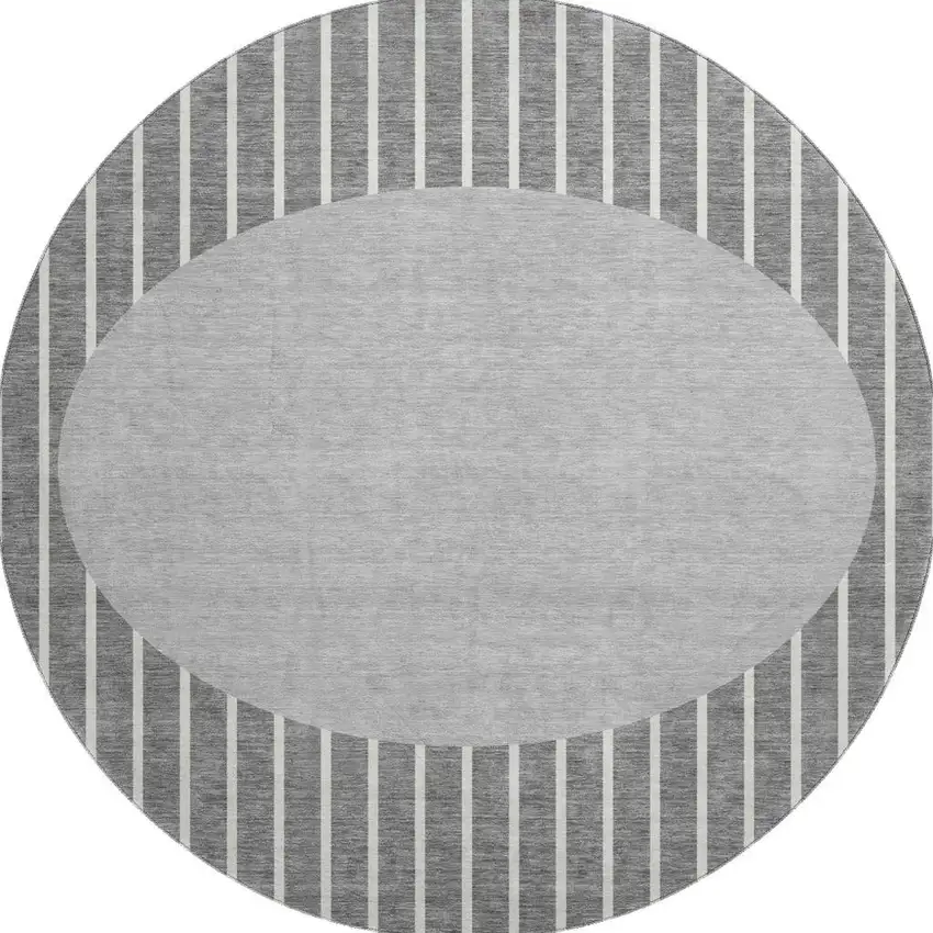 8' Gray Ivory And Silver Striped Washable Round Rug With UV Protection Photo 2