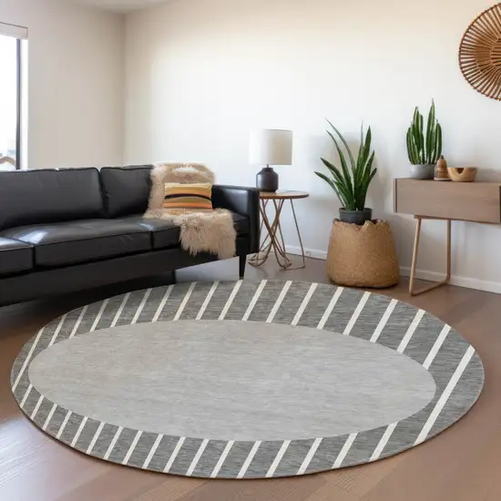8' Gray Ivory And Silver Striped Washable Round Rug With UV Protection Photo 4
