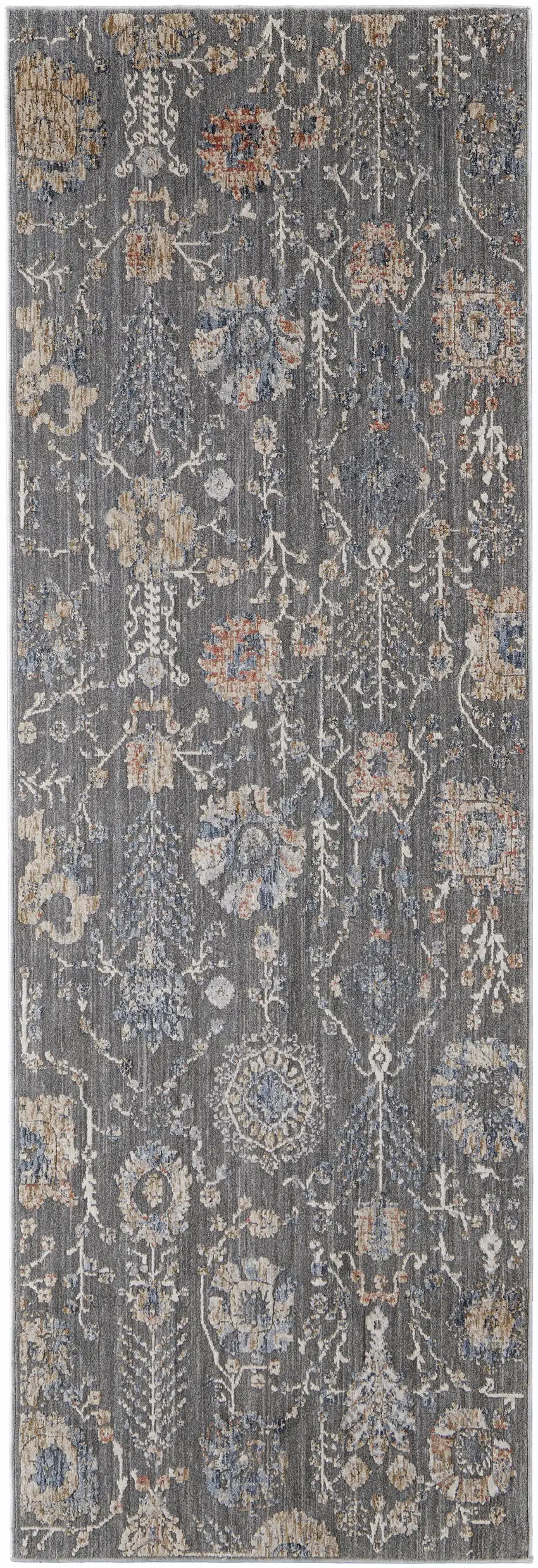 8' Gray Ivory And Tan Floral Power Loom Runner Rug Photo 1
