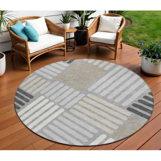 8' Gray Ivory And Tan Round Geometric Washable Indoor Outdoor Area Rug Photo 1