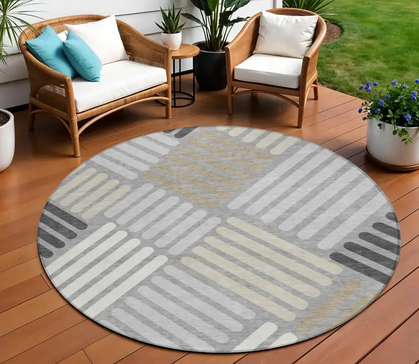 8' Gray Ivory And Tan Round Geometric Washable Indoor Outdoor Area Rug Photo 1