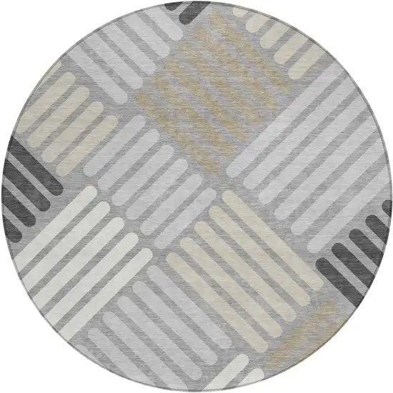 8' Gray Ivory And Tan Round Geometric Washable Indoor Outdoor Area Rug Photo 2