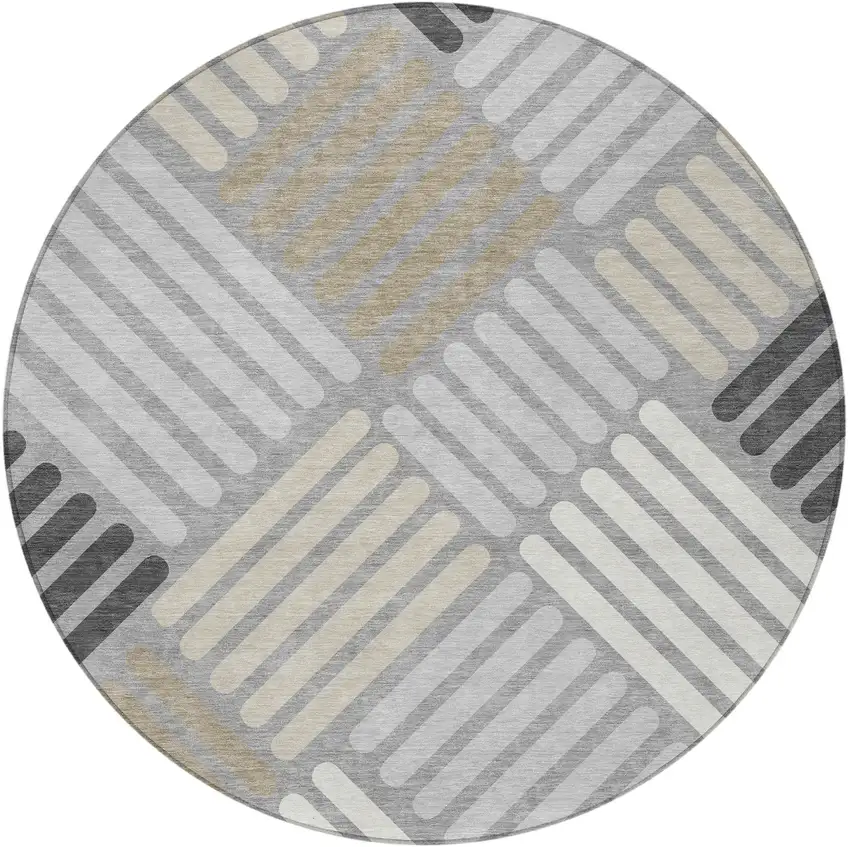 8' Gray Ivory And Tan Round Geometric Washable Indoor Outdoor Area Rug Photo 4