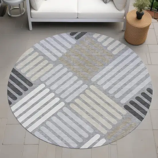 8' Gray Ivory And Tan Round Geometric Washable Indoor Outdoor Area Rug Photo 8