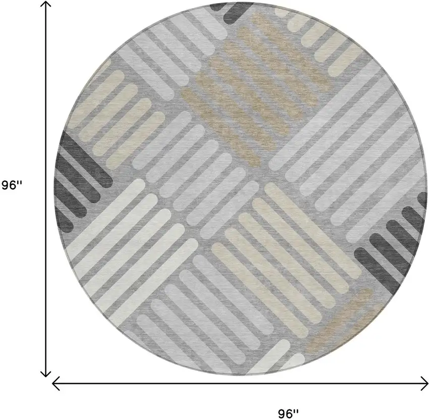 8' Gray Ivory And Tan Round Geometric Washable Indoor Outdoor Area Rug Photo 3