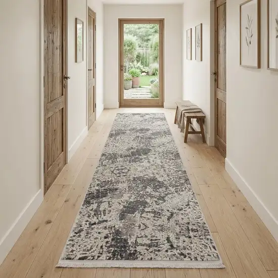 10' Gray Ivory And Taupe Abstract Area Rug With Fringe Photo 1