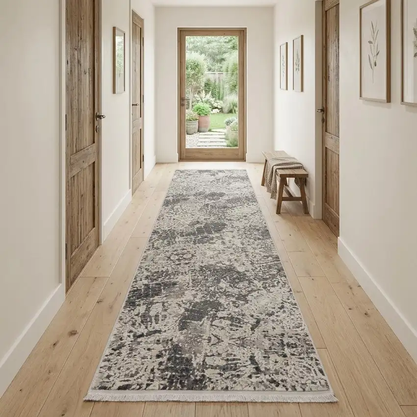 10' Gray Ivory And Taupe Abstract Area Rug With Fringe Photo 1