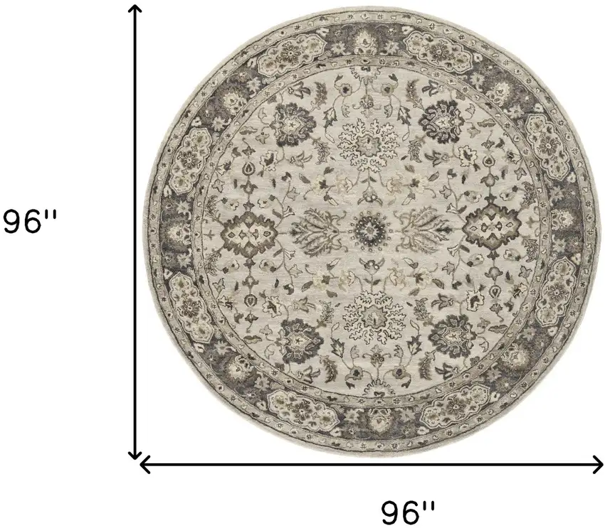 8' Gray Ivory And Taupe Round Wool Floral Tufted Handmade Stain Resistant Area Rug Photo 6