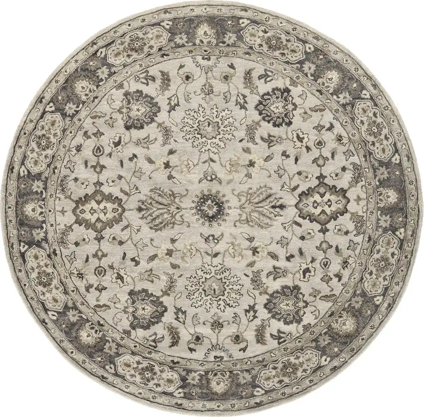 8' Gray Ivory And Taupe Round Wool Floral Tufted Handmade Stain Resistant Area Rug Photo 1