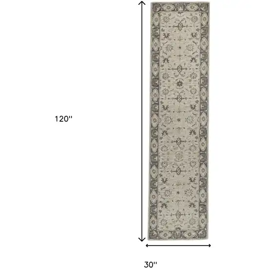 10' Gray and Ivory Wool Floral Hand Tufted Runner Rug Photo 3