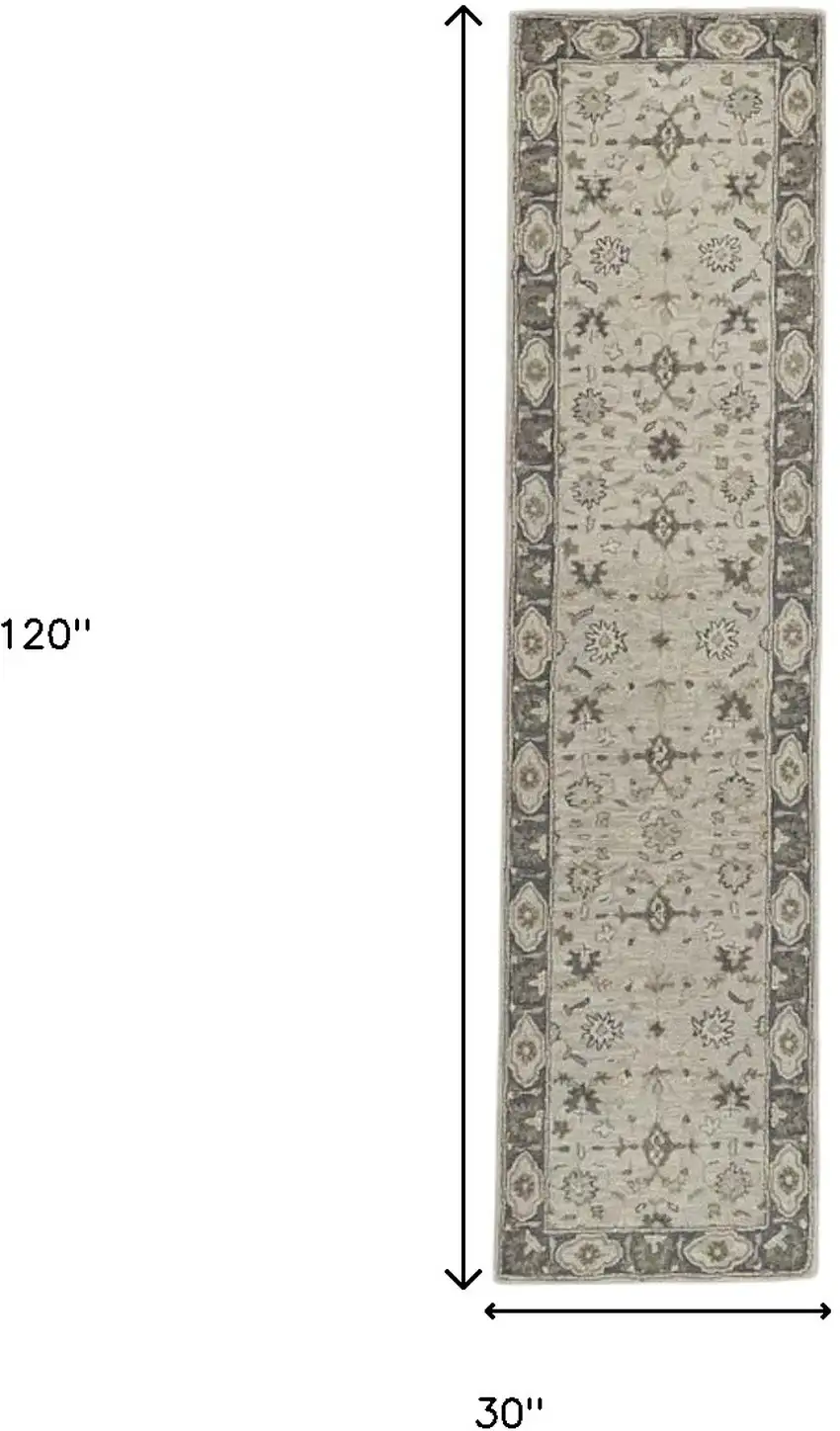 10' Gray and Ivory Wool Floral Hand Tufted Runner Rug Photo 3