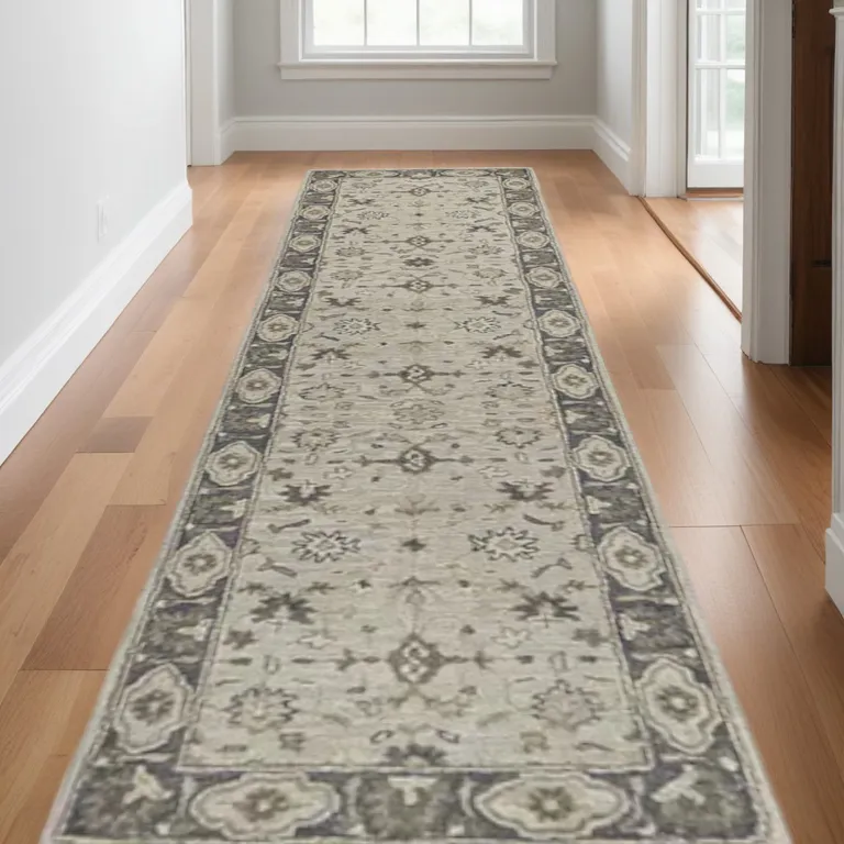 10' Gray Ivory And Taupe Wool Floral Tufted Handmade Stain Resistant Runner Rug Photo 2