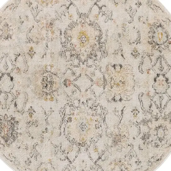 4' Gray Ivory And Yellow Floral Distressed Round Rug Photo 6
