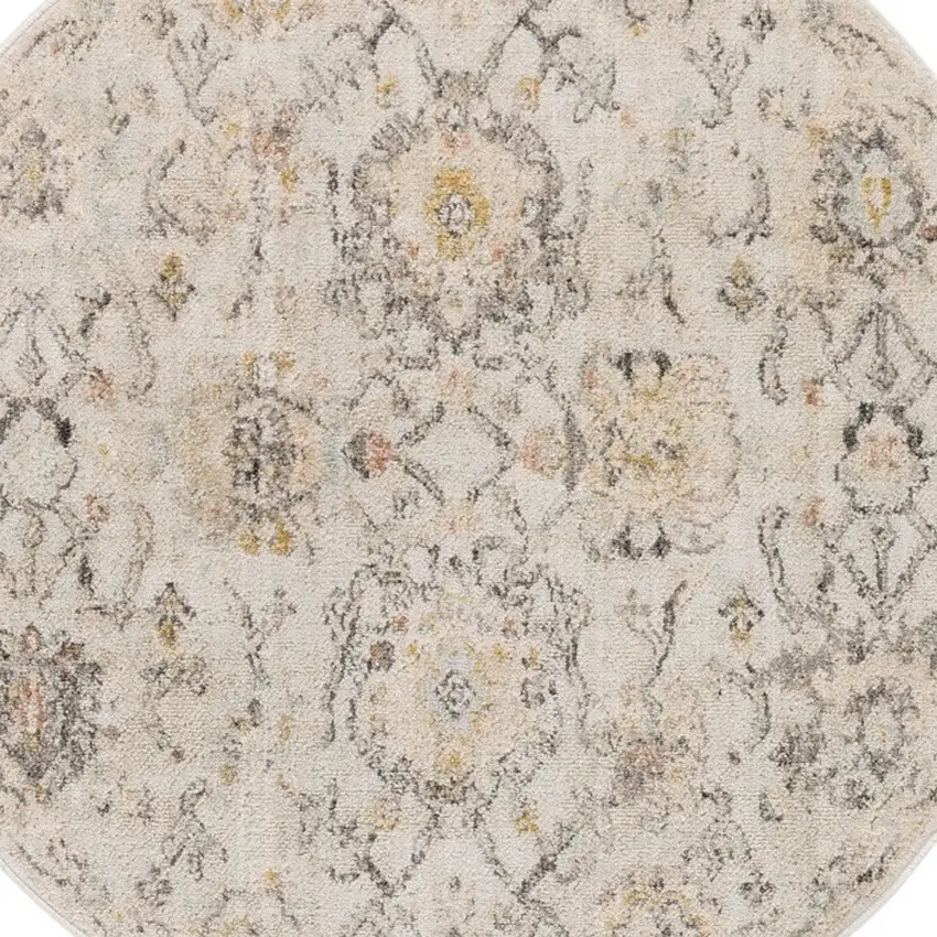 4' Gray Ivory And Yellow Floral Distressed Round Rug Photo 6