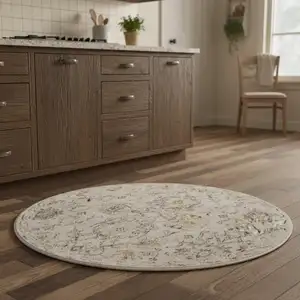 Photo of 4' Gray Ivory And Yellow Floral Distressed Round Rug