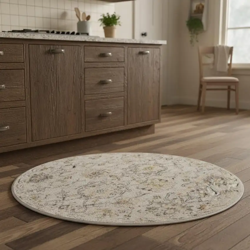 4' Gray Ivory And Yellow Floral Distressed Round Rug Photo 1