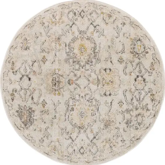4' Gray Ivory And Yellow Floral Distressed Round Rug Photo 2