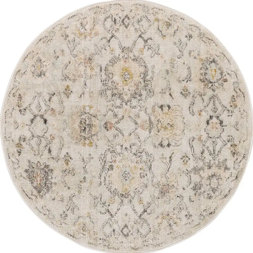 4' Gray Ivory And Yellow Floral Distressed Round Rug Photo 2