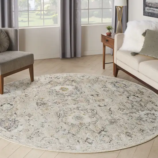 8' Gray Ivory And Yellow Floral Distressed Round Rug Photo 4