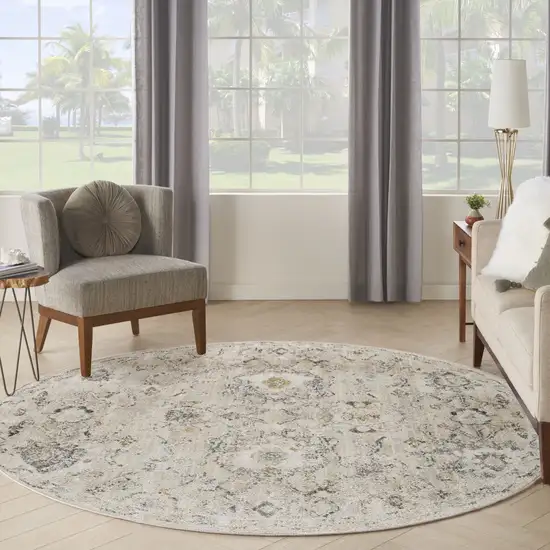 8' Gray Ivory And Yellow Floral Distressed Round Rug Photo 5