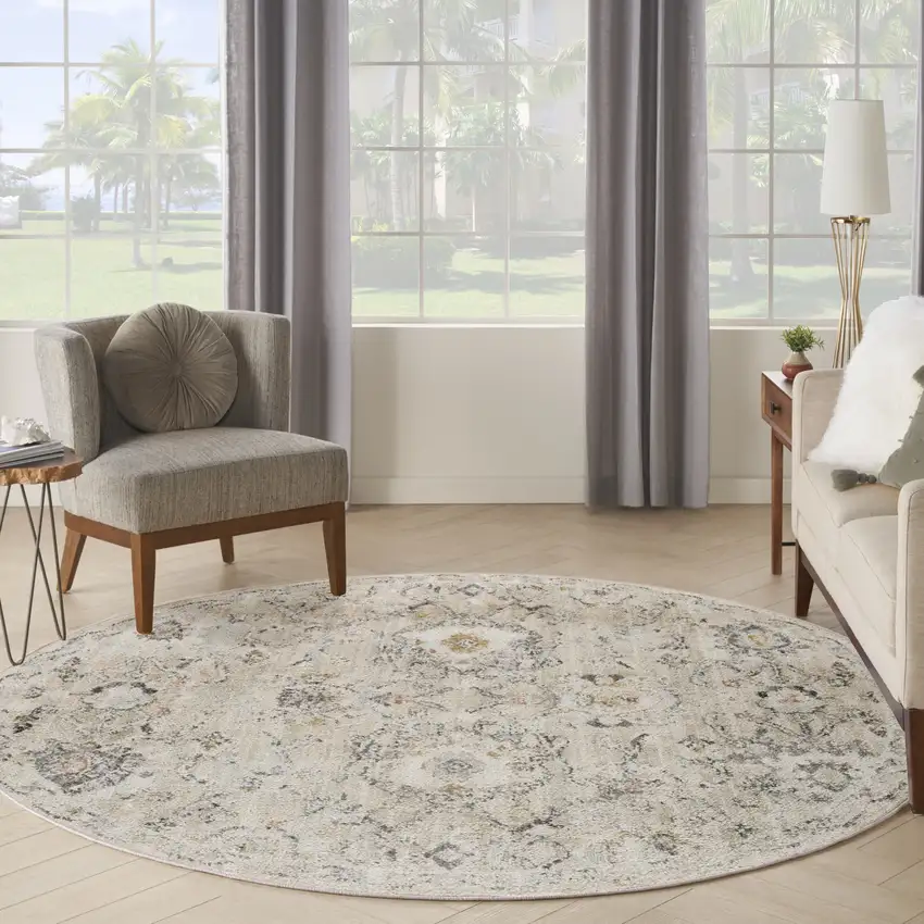 8' Gray Ivory And Yellow Floral Distressed Round Rug Photo 5