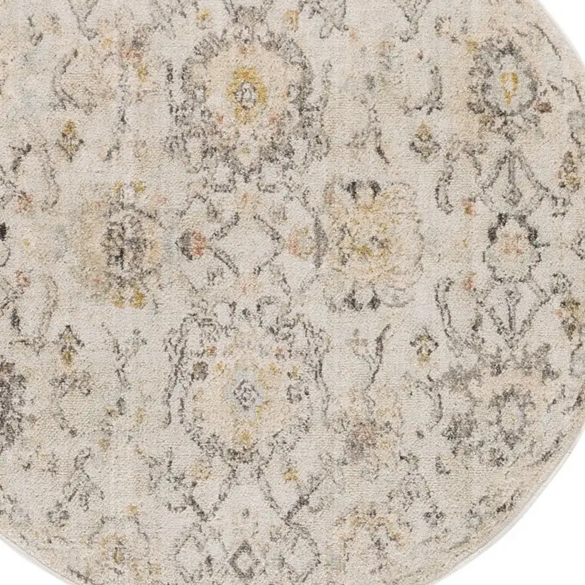 8' Gray Ivory And Yellow Floral Distressed Round Rug Photo 6