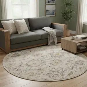 Photo of 8' Gray Ivory And Yellow Floral Distressed Round Rug