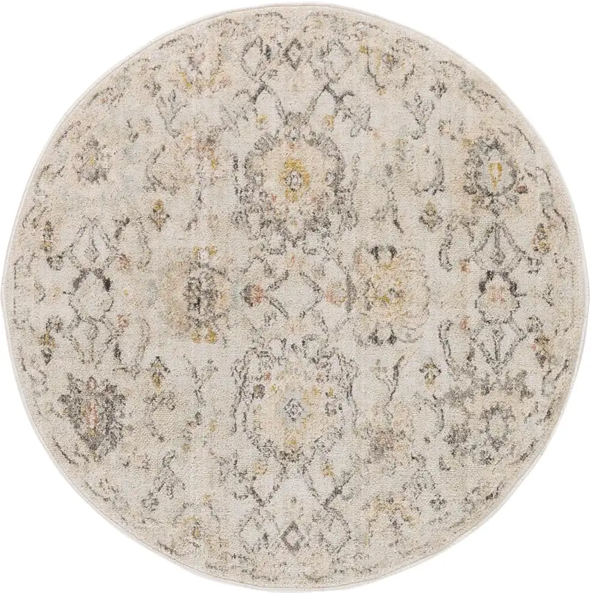 8' Gray Ivory And Yellow Floral Distressed Round Rug Photo 3